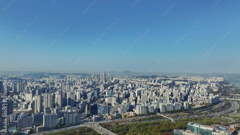 Drone View of Seoul city in South Korea, Sunset in Yeouido Financial District, Autumn 60fps Drone View of Seoul city in South Korea, Sunset in Yeouido Financial District, Autumn 60fps