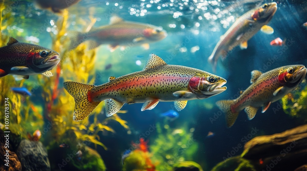 Fototapeta premium A group of rainbow trout swims gracefully in their natural habitat, surrounded by vibrant aquatic life, with ample copy space for text or design elements.