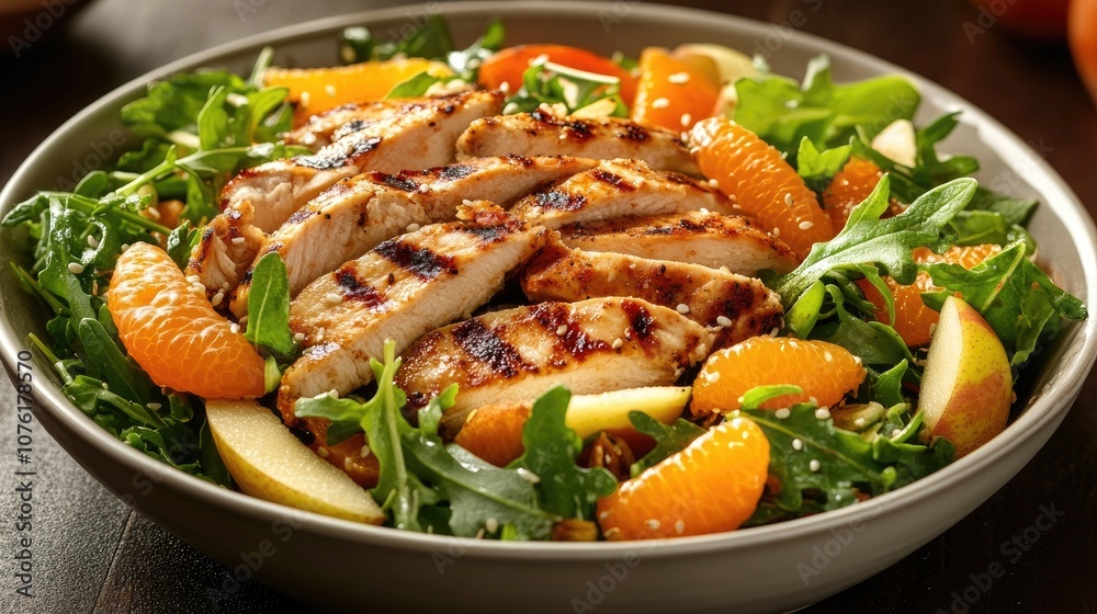 Savory carrot arugula salad filled with sliced apples, oranges, and sesame flame grilled chicken strips served in a wide dish, perfect for a fresh and vibrant meal. Photo style with copy space. Savory carrot arugula salad filled with sliced apples, oranges, and sesame flame grilled chicken strips served in a wide dish, perfect for a fresh and vibrant meal. Photo style with copy space.