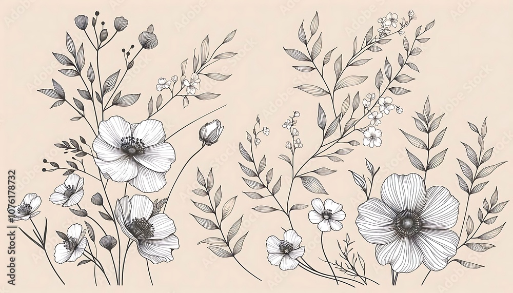 Obraz premium Elegant Botanical Floral Drawing on Vintage Beige Background. generator AI