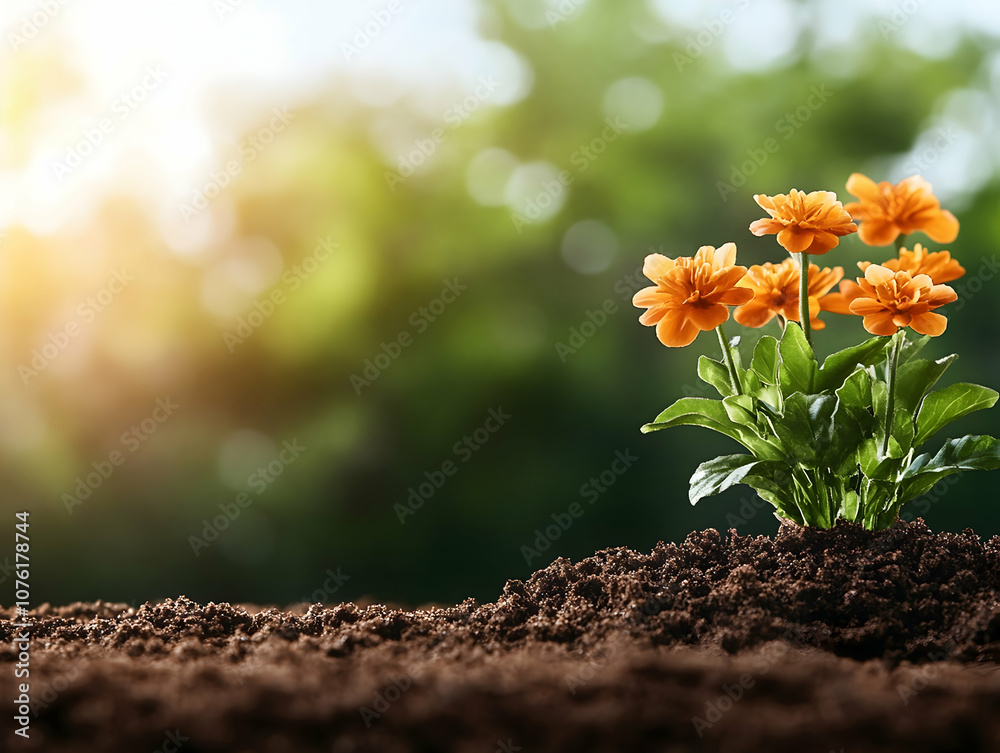 Bright orange flowers bloom in rich soil, basking in the warm sunlight with a lush green background. Bright orange flowers bloom in rich soil, basking in the warm sunlight with a lush green background.