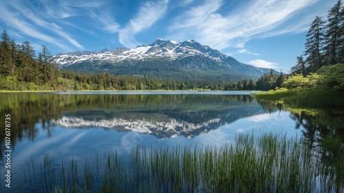 Vibrant spring landscape captures the essence of alpine lake serenity, complemented by stunning mountain reflections. Perfect for nature enthusiasts with ample photo space.