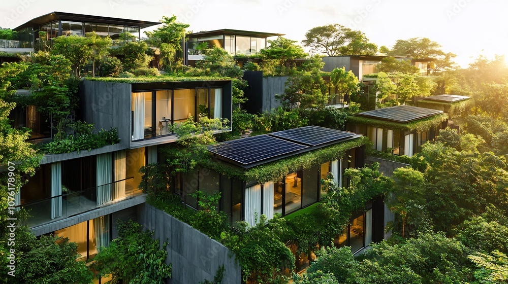 Eco Friendly Solar Panels on Lush Green Rooftop Sustainable Living Concept Eco Friendly Solar Panels on Lush Green Rooftop Sustainable Living Concept