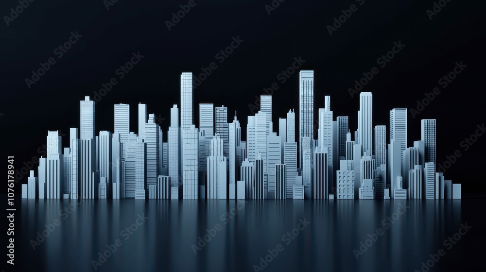 A sleek, modern city skyline made of white towers against a dark background, creating a minimalist and futuristic aesthetic. A sleek, modern city skyline made of white towers against a dark background, creating a minimalist and futuristic aesthetic.