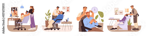 Barbers grooming beard, mustache, do haircuts for men set. Hairdressers wash head, cut hair, shaving clients in barbershop. Male beauty salon. Flat isolated vector illustrations on white background