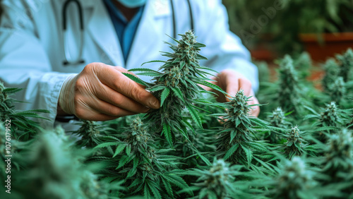 Scientist Holding Cannabis Plant in Research Facility photo