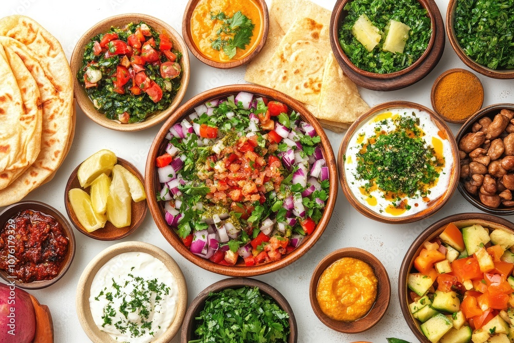 Assortment of Middle Eastern Dishes with Flatbread and Dips Assortment of Middle Eastern Dishes with Flatbread and Dips