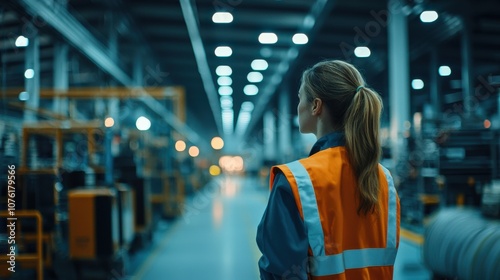 Woman Supervisor in Safety Gear Overseeing Operations in a Modern Industrial Facility, Highlighting Workplace Safety and Efficiency