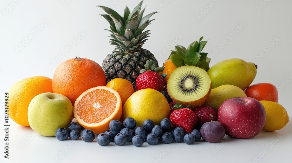 Colorful mixed fruit arrangement on a clean white background, highlighting a variety of fruits in a vibrant mixed fruit display, perfect for creative projects with copy space.