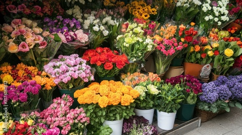 Colorful flowers from a floral boutique present a vibrant display. This floral boutique is filled with an array of colorful flowers, perfect for any occasion. Ample copy space available.