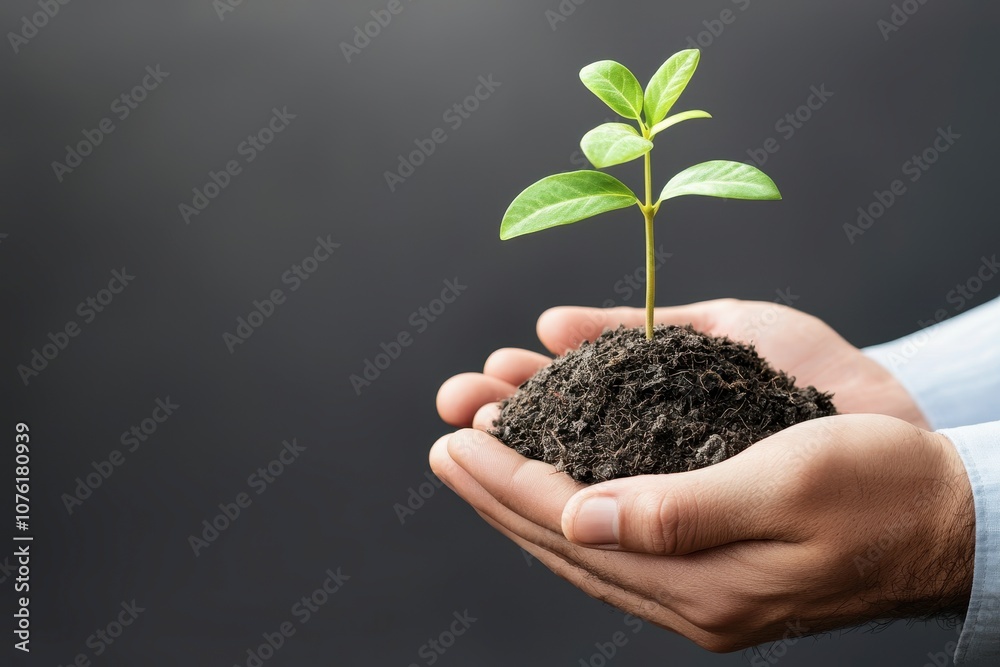 A green sprout is held gently in hands, symbolizing growth, nurturing, and the connection between humans and nature against a dark background.