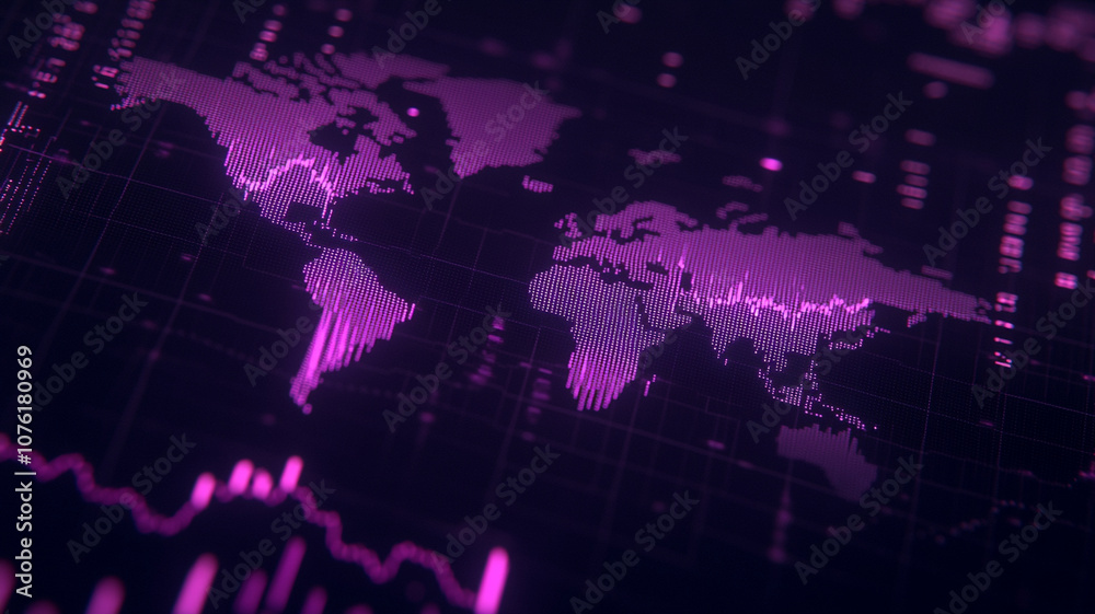Obraz premium Digital world map with glowing pink accents and data visualization elements