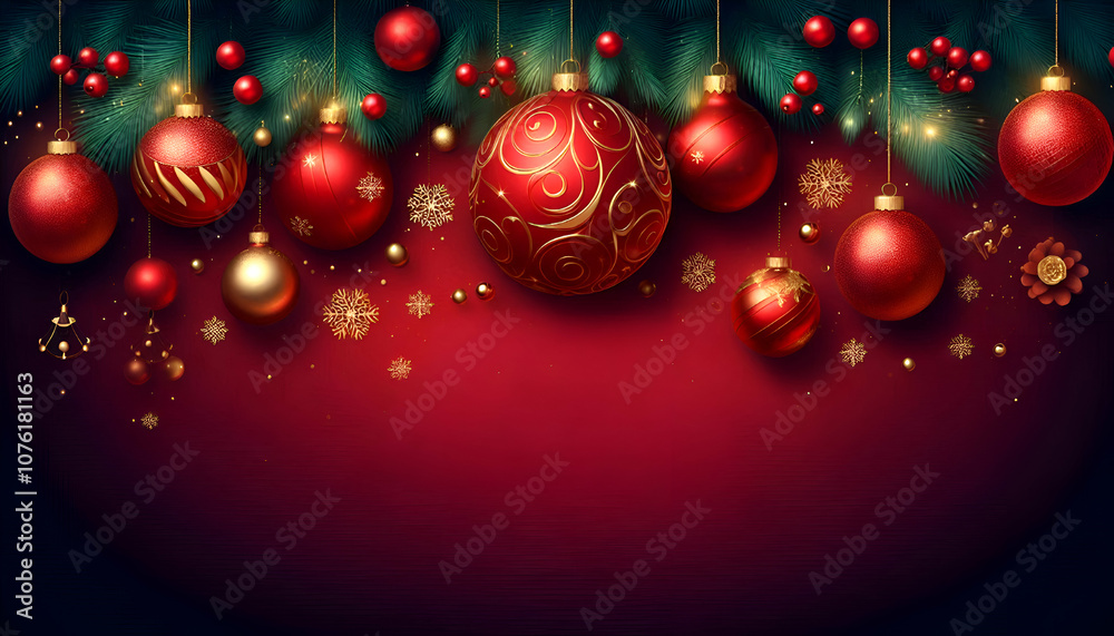 Christmas festival background with spruce elements and fairy ball decorations Christmas festival background with spruce elements and fairy ball decorations