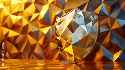 A golden shield stands on a geometric surface. photo