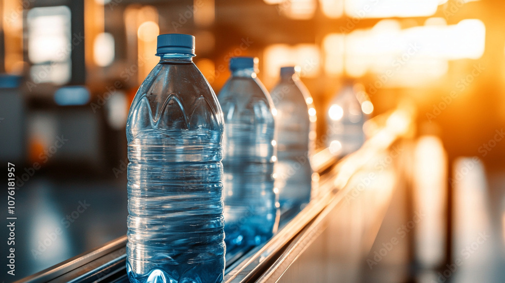 Cinematic shot of plastic waste bottles on conveyor belt, highlighting environmental concerns