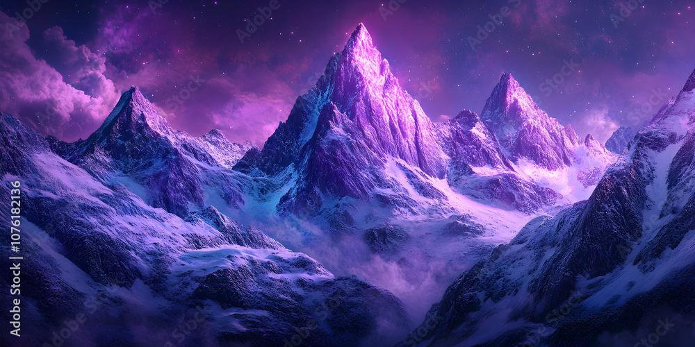 Obraz premium Purple Mountain Majesty: A breathtaking panorama of majestic snow-capped mountains bathed in ethereal purple light. The celestial glow adds a touch of magic to the scene.