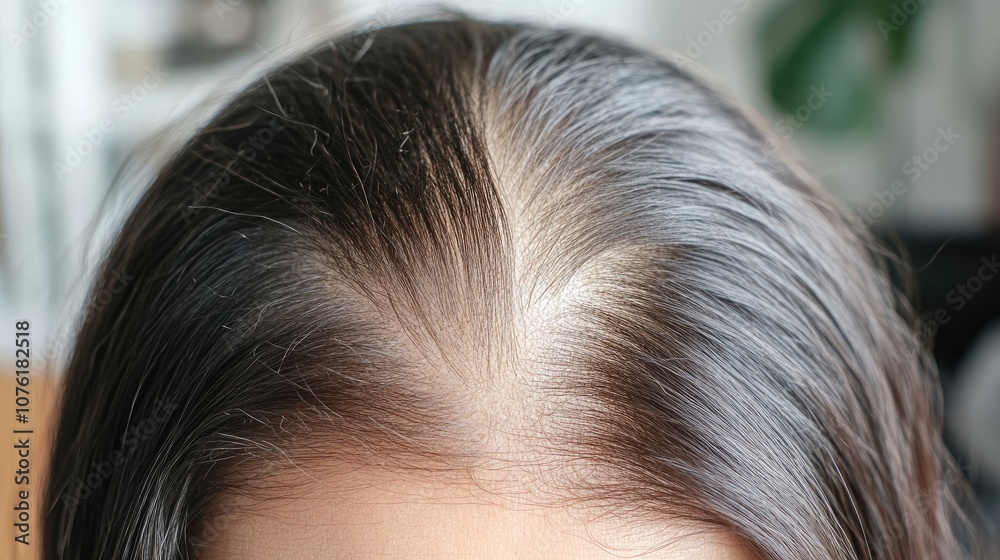 Close-up photo capturing a womans head with noticeable hair shedding, a reflection of post-COVID-19 symptoms. The image conveys the impact on hair health during recovery. Close-up photo capturing a womans head with noticeable hair shedding, a reflection of post-COVID-19 symptoms. The image conveys the impact on hair health during recovery.