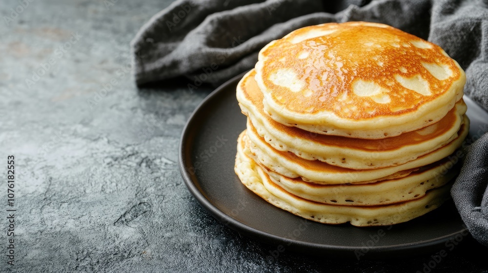 Top view photo of delicious yogurt pancakes arranged on a plate, displaying a stack of yogurt pancakes ready to be enjoyed. Photo style offers ample copy space for text. Top view photo of delicious yogurt pancakes arranged on a plate, displaying a stack of yogurt pancakes ready to be enjoyed. Photo style offers ample copy space for text.