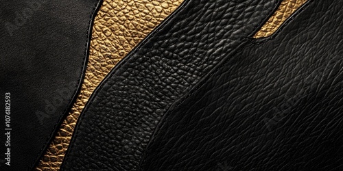 A background featuring black leather, showcasing a luxurious texture enhanced by elegant golden accents. The luxurious texture of the leather is highlighted by the gold details. photo