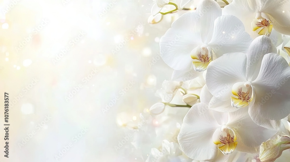Obraz premium Bright white orchid backdrop with delicate petals, creating an elegant atmosphere perfect for various design projects. Ideal for a calming and serene background with ample copy space.