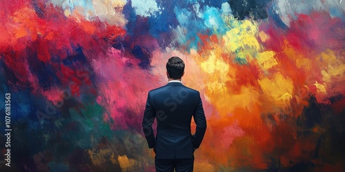 A thoughtful businessman is pondering over a successful challenge while situated against a vibrant and colorful backdrop, reflecting on his achievement.