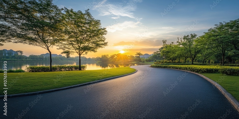 Fototapeta premium An unoccupied asphalt road basks in the stunning light of a beautiful sunrise, creating a spectacular scene of tranquility and natural beauty.