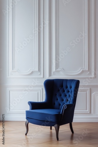 Blue chair on hardwood floor