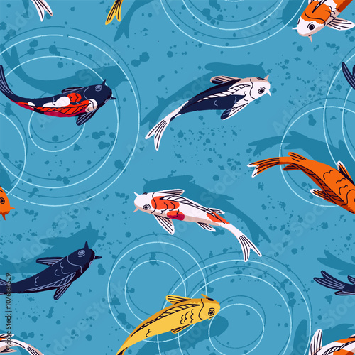 Repeatable pattern of colourful Koi swim in blue water top view. Endless background with oriental Japanese carps, traditional Asian spotted fishes in garden pond. Flat seamless vector illustration