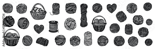 Collection of yarn balls, spools and baskets in various sizes in black and white vector illustration set. Crafting essentials with heart shaped yarn pieces ideal for knitting.