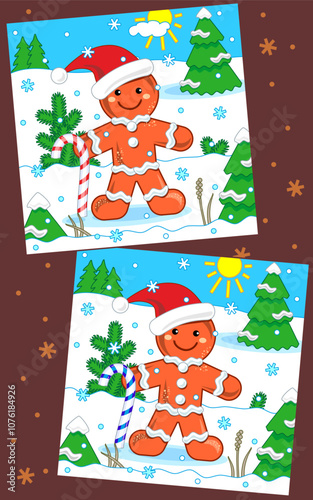 Difference game with happy gingerbread man holding candy cane, wearing santa cap, walking in outdoor scene. Find 7 differences picture puzzle.
