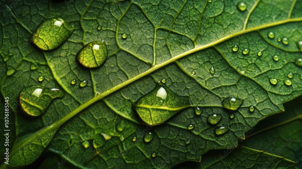 Fototapeta premium Close-up macro image capturing drops of water on a green leaf, highlighting the intricate details of the leaf surface and the beauty of natures elements. Ideal for nature photography.