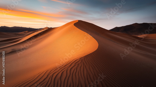 Golden orange sand dune illuminated by warm sunlight during sunset with a clear sky and distant mountains in the background.