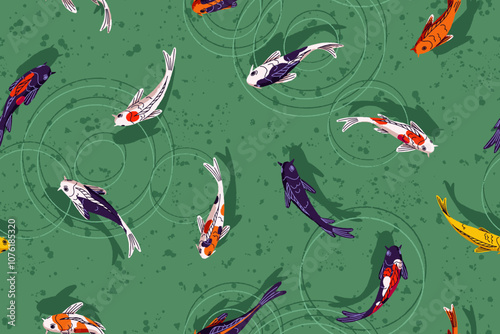 Repeatable pattern of Koi in garden pond. Oriental Japanese carps swim in green water top view. Endless background with decorative Asian fishes floating in lake. Flat seamless vector illustration