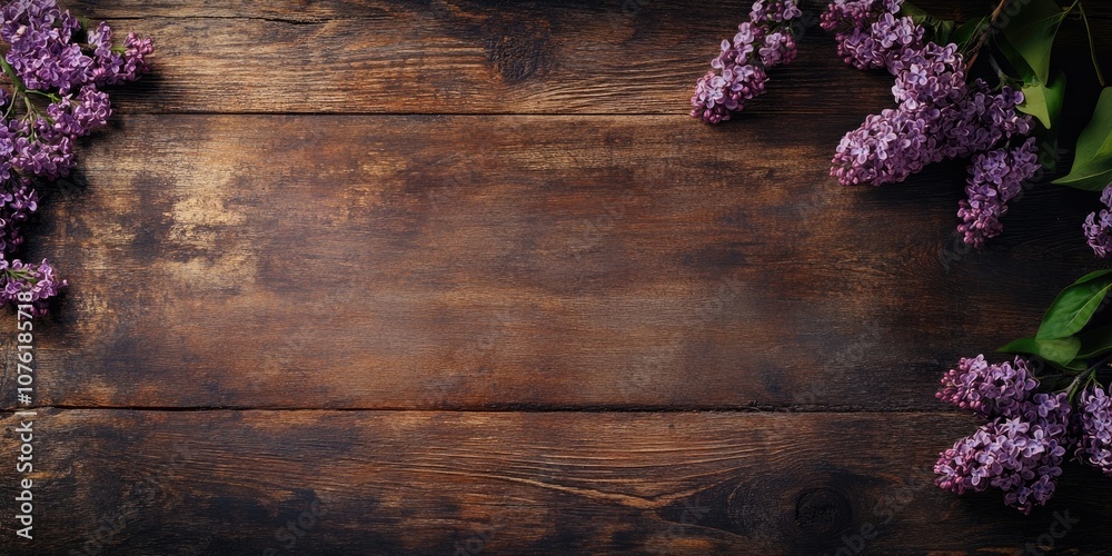 Fototapeta premium A branch of lilac flowers rests on a smooth, rustic wooden surface, creating a panoramic view with ample space for text.