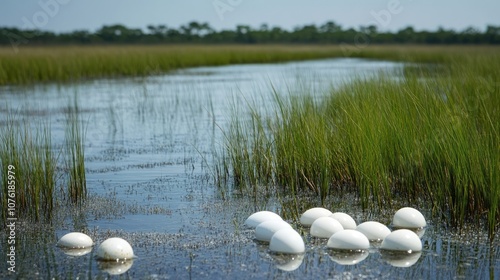 Eggs placed in salt water marshes and wetlands reflect the natural habitat. Wild birds search in the shallow water, while waders remain unhatched from their eggs in the salt marsh and wetlands.