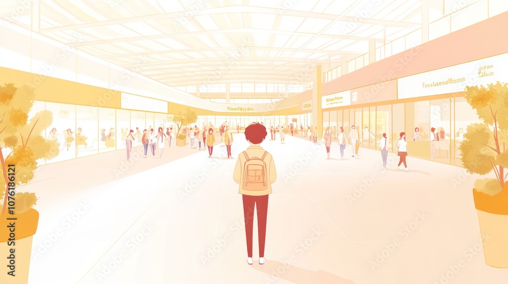 A vibrant shopping mall scene with a person standing in the foreground, surrounded by shoppers. A vibrant shopping mall scene with a person standing in the foreground, surrounded by shoppers.