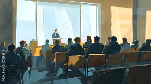 Business conference hall with presentation, blue lighting, audience, and professional setup