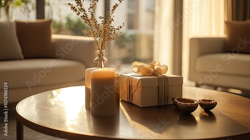 generate a premium house interion on a diwali setting with a gift hamper on a coffee table in focus with beige colour. photo