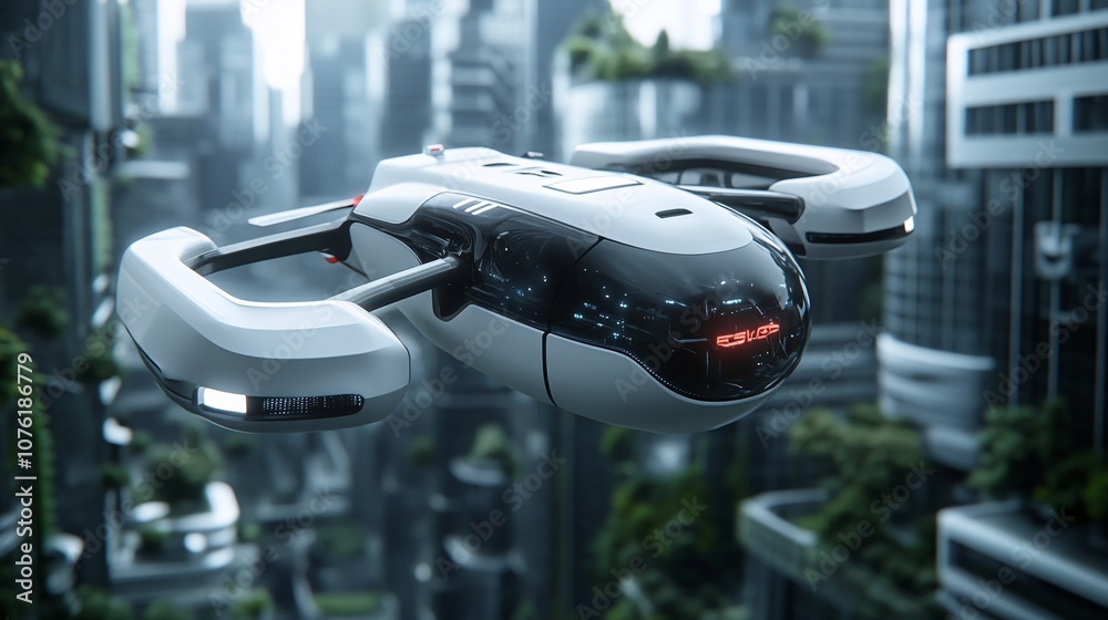 Futuristic Hovering Taxi in Dense Urban Landscape Futuristic Hovering Taxi in Dense Urban Landscape
