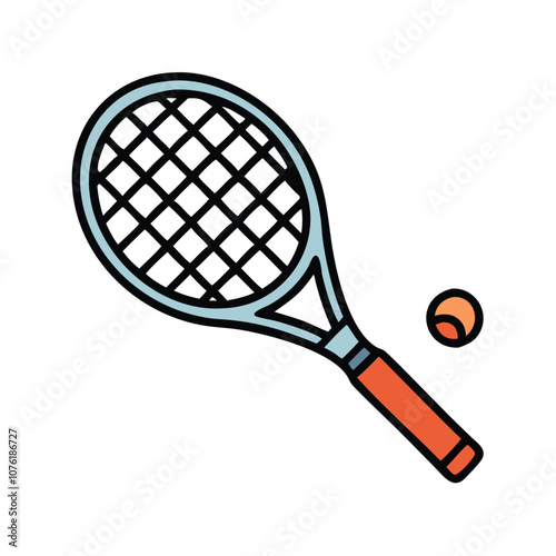 Tennis racket and ball icon illustration, Colorful vector illustration of a tennis racket and ball, representing sports equipment used in tennis matches and games.
