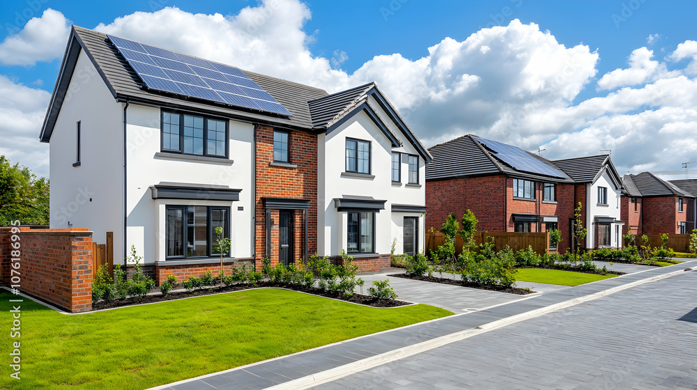 Obraz premium Modern suburban homes with solar panels, blue sky, and eco-friendly design