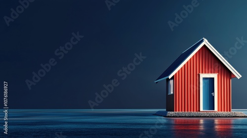 Tiny cottage icon with a slanted roof on a flat navy background photo