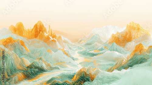 Golden and green mountains, 3D illustrations, fluid photography style, orange and cyan, gold and cyan, fine and detailed, Northern Song style, Rivers 