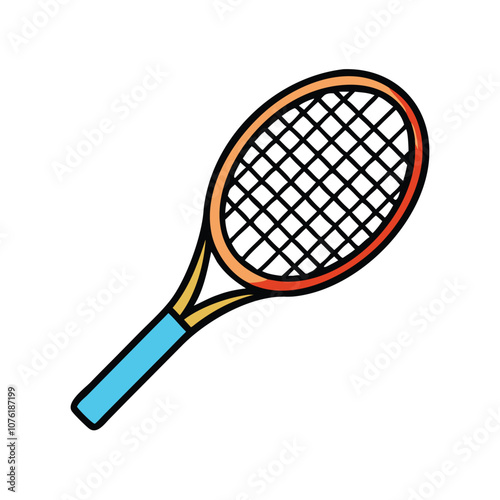 Tennis racket vector icon illustration, Colorful vector icon of a tennis racket, commonly used in sports for playing tennis matches and recreational activities.
