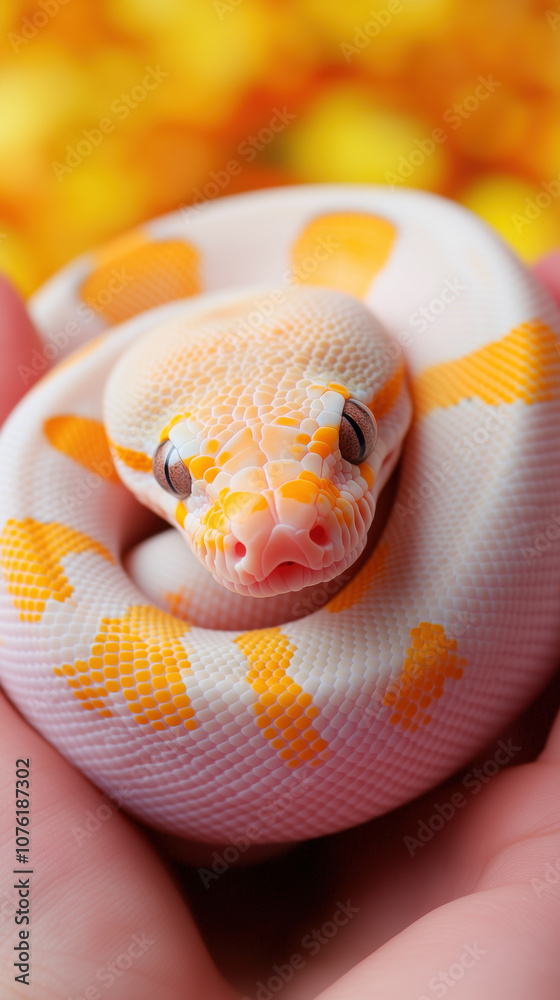 Fototapeta premium beautiful white ball python with orange patterns resting in hand