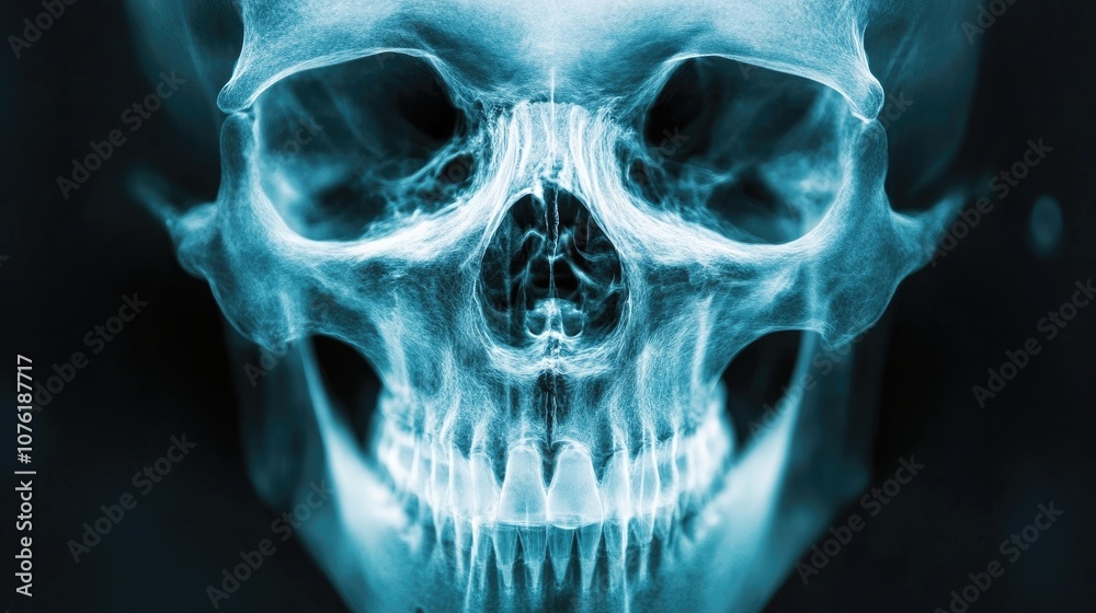 X-ray lights illuminate a skull for detailed analysis, emphasizing the intricacies of the structure. The skull under X-ray lights provides a clear view, with ample copy space for text or graphics. X-ray lights illuminate a skull for detailed analysis, emphasizing the intricacies of the structure. The skull under X-ray lights provides a clear view, with ample copy space for text or graphics.