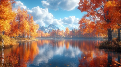 Serene autumn landscape with vibrant trees reflecting in a lake.