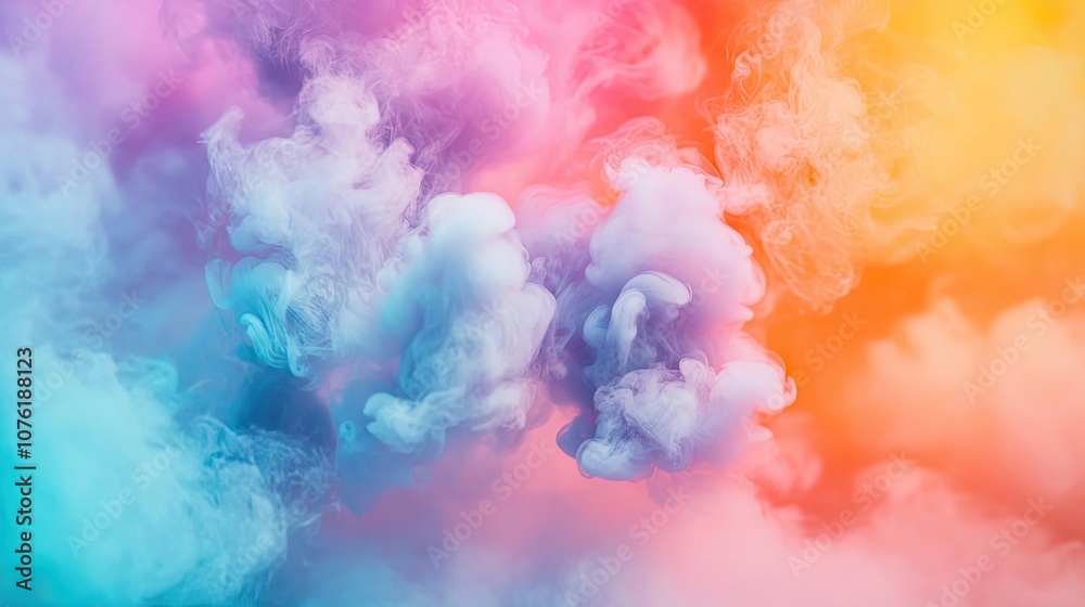 Naklejka premium Vibrant neon puff smoke creates a multicolor, bright, and colorful mist, enhancing this abstract background texture with dynamic fog and steam for versatile use.