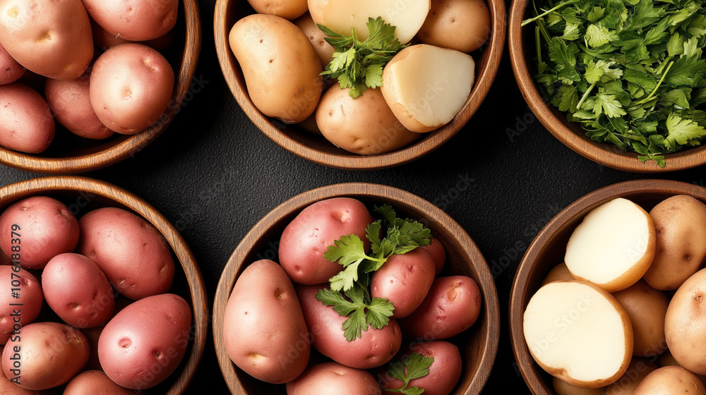 Arrangement of red and brown potatoes with parsley in wooden bowls on dark surface Arrangement of red and brown potatoes with parsley in wooden bowls on dark surface