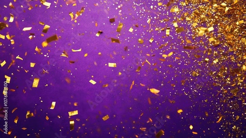 Golden confetti cascades over a vibrant purple background, creating a festive atmosphere filled with golden confetti. Perfect for a celebratory theme with ample copy space. photo